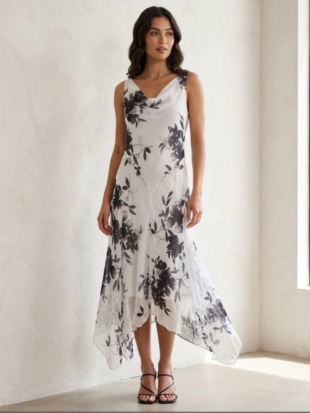 Vintage Y2K Stydio Y Cowel Neck Sleevless  Shark Bite Hem Floral Fairy Dress